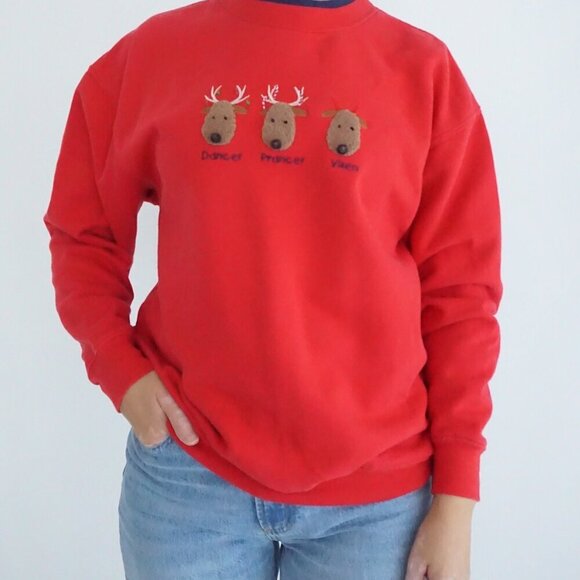 Vintage M&C Sportswear Red Embroidered Reindeer Dancer Prancer Vixen Sweater M - Picture 1 of 11